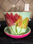 Hand Painted Flower Pot - Red and Yellow Flowers 6 in